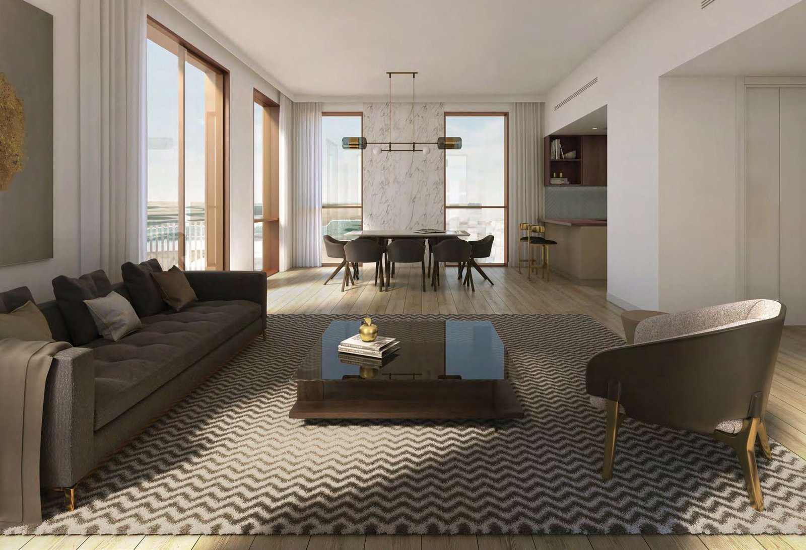 Reflection Tower landscaped urban park between twin towers with greenery, walking paths, and relaxing outdoor seating.