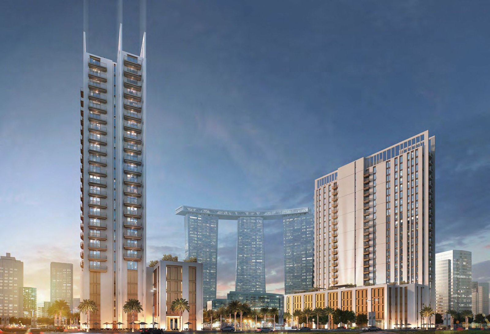 Night view of Reflection Tower twin towers illuminated, reflecting modern luxury living on Reem Island.